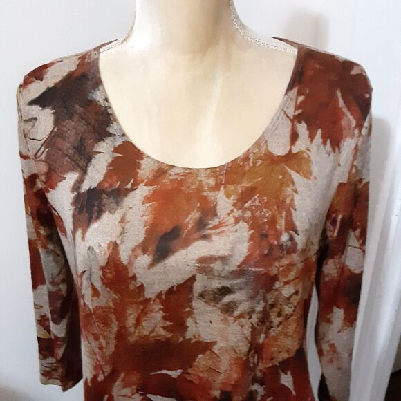 Energe world wear Fall tone pullover top 3/4 sleeves leaf pattern sz L - Picture 5 of 5